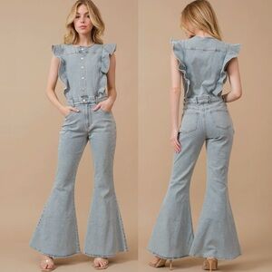 Light blue denim washed pleated boho bohemian flare chic boho Wide Leg Jumpsuit